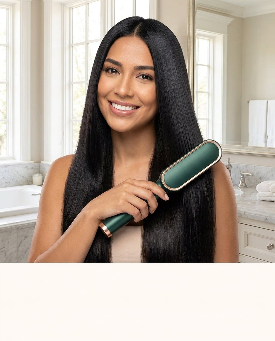 Mujer con cabello liso usando el cepillo alisador